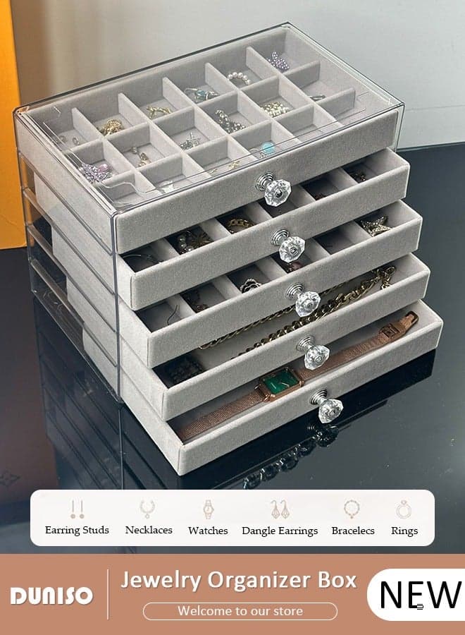 Acrylic Jewelry Organizer Box with Tissue Box, 5 Drawers Clear Anti-oxidation Jewelry Boxes for Women, Detachable Velvet Jewelry Display Case for Earring, Bangle, Bracelet, Necklace and Rings Holde