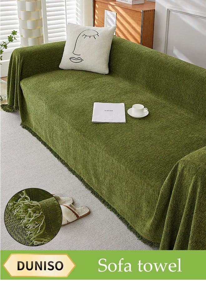 Chenier Sofa Cover, Double Sided Sofa Protection Cover, Breathable Nap Blanket, With Tassels, Not Easy To Pilling, Wear Resistant And Scratch Resistant, Suitable For All Seasons, Suitable For Two Seater Sofas, 180 * 230cm,Green