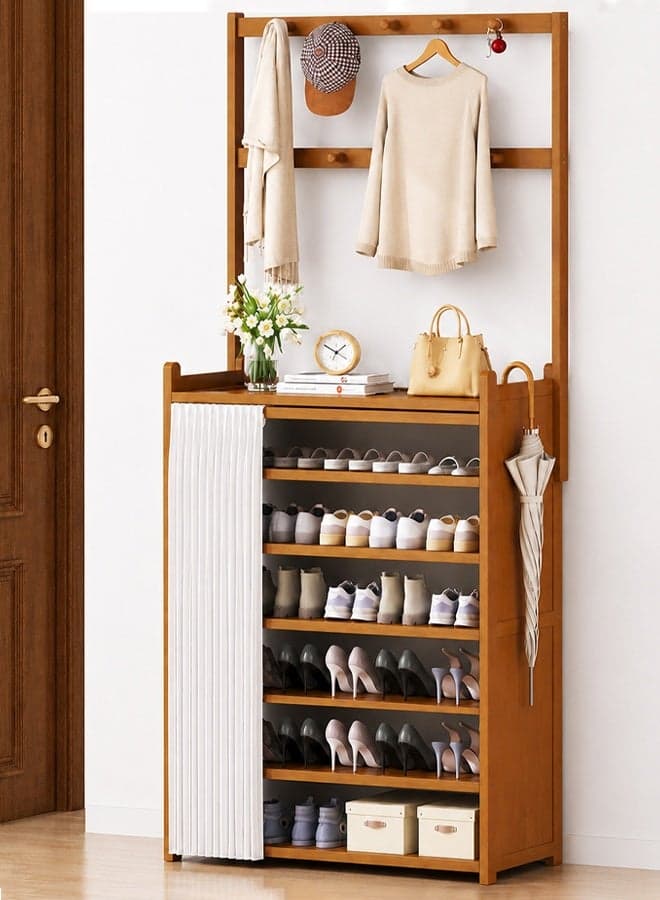Wooden Shoe Rack with Dust Cover Multi-layer Shoe Cabinet Bamboo Standalone Entryway Storage Rack Storage Rack with Hooks Furniture for Home or Office Entryways and Hallways 7-Tier