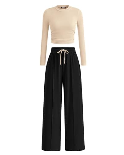 BTFBM Casual 2 Piece Sets For Women Fall Outfits 2025 Ribbed Long Sleeve Crop Top Wide Leg Pants Matching Lounge Set(Beige Black, Large)