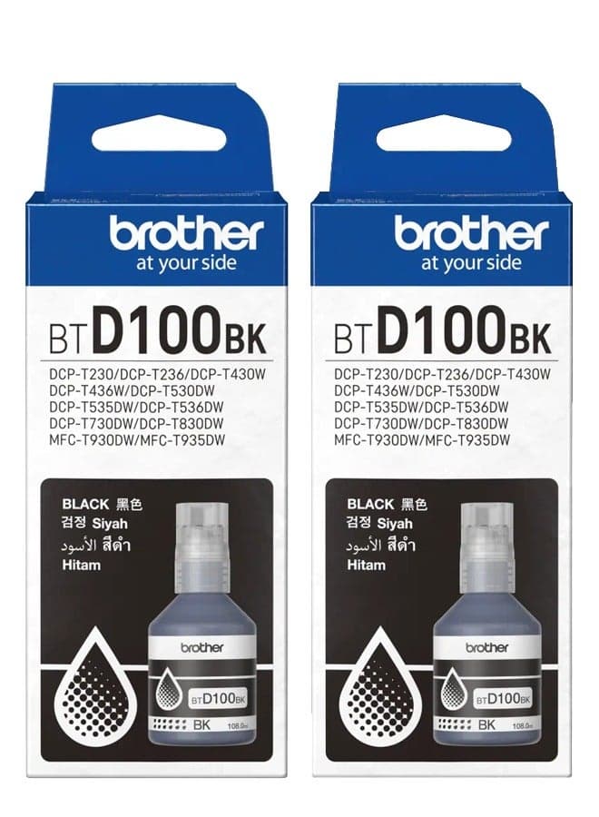 Genuine BTD100BK Ultra High Yield Black Ink Bottle, 7,500x2 Page Yield, for Ink Tank Printers for DCP-T730DW T830DW T930DW (2-Pack) black