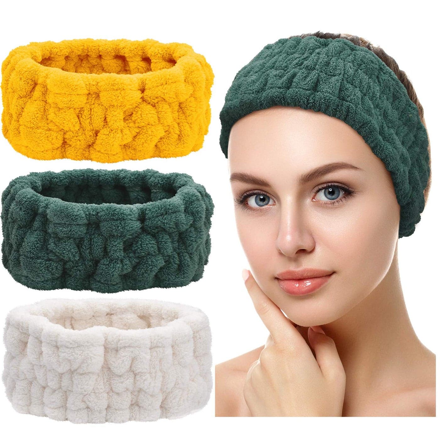 Chuangdi 3 Pieces Spa Headband for Women Facial Makeup Headband Soft Terry Cloth Hairband for Washing Face Mask Spa Shower GiftsMilkyWhite Yellow Dark Green