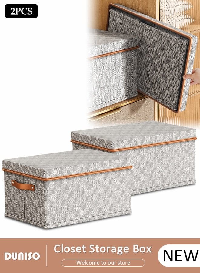 2 Pack Closet Storage Box with Lid and Handle, Stackable Wardrobe Clothes Organizer, Foldable Closet Storage Basket, Cube Storage Bins for Clothing, T-Shirt, Jeans, Sweaters, Toys & Books (18L)