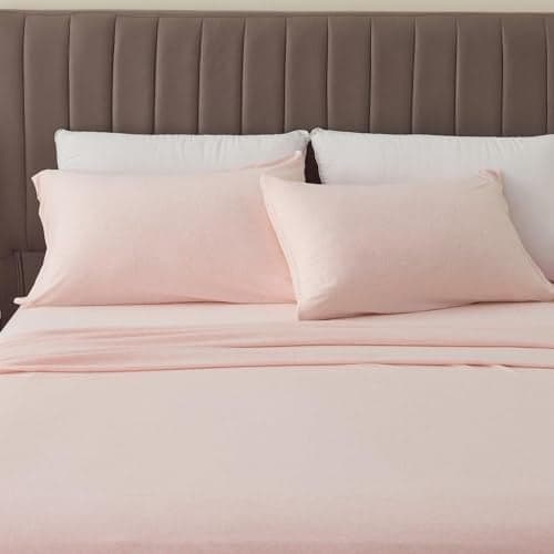 Great Bay Home Cotton Jersey Knit Queen Sheet Set UltraSoft Stretchy Heathered Melange Blush Pink Bed Sheets Cozy Soft TShirt Sheet Pillowcase Set