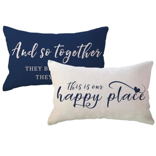 ULOVE LOVE YOURSELF Home Saying Throw Pillow Covers with Our Happy Place Quote Rustic Farmhouse Decor Lumbar Pillow Cases 12 x 202Pack Housewarming Gifts for SofaCouchPorch Blue
