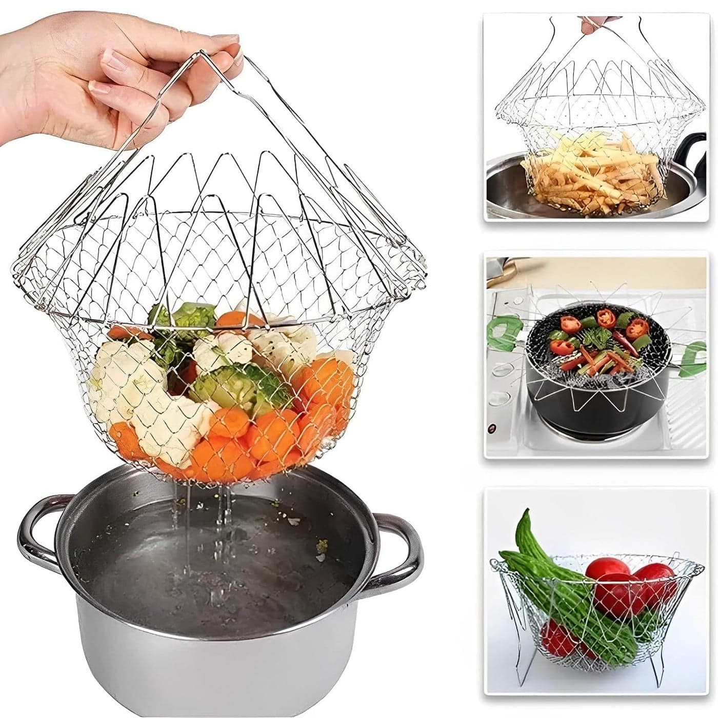 Shrux Foldable Steam Rinse Deep Fry Basket Mesh Basket Strainer Net Kitchen Cooking Tool Kitchen Food Frying Chef Basket with Handle Kitchen Fruits and Vegetable Washing Basket Fryer Strainer