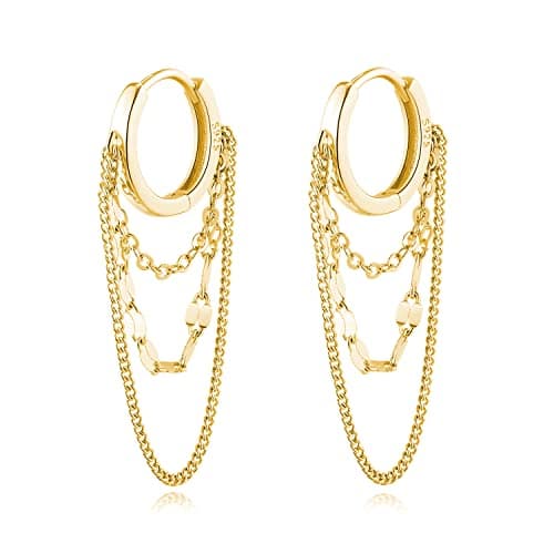 Reffeer Solid 925 Sterling Silver Chain Drop Earrings Hoop for Women Teen Girls Hoop Earrings Tassel Chain Huggie Dangle Earrings (B-18K Gold Plated)