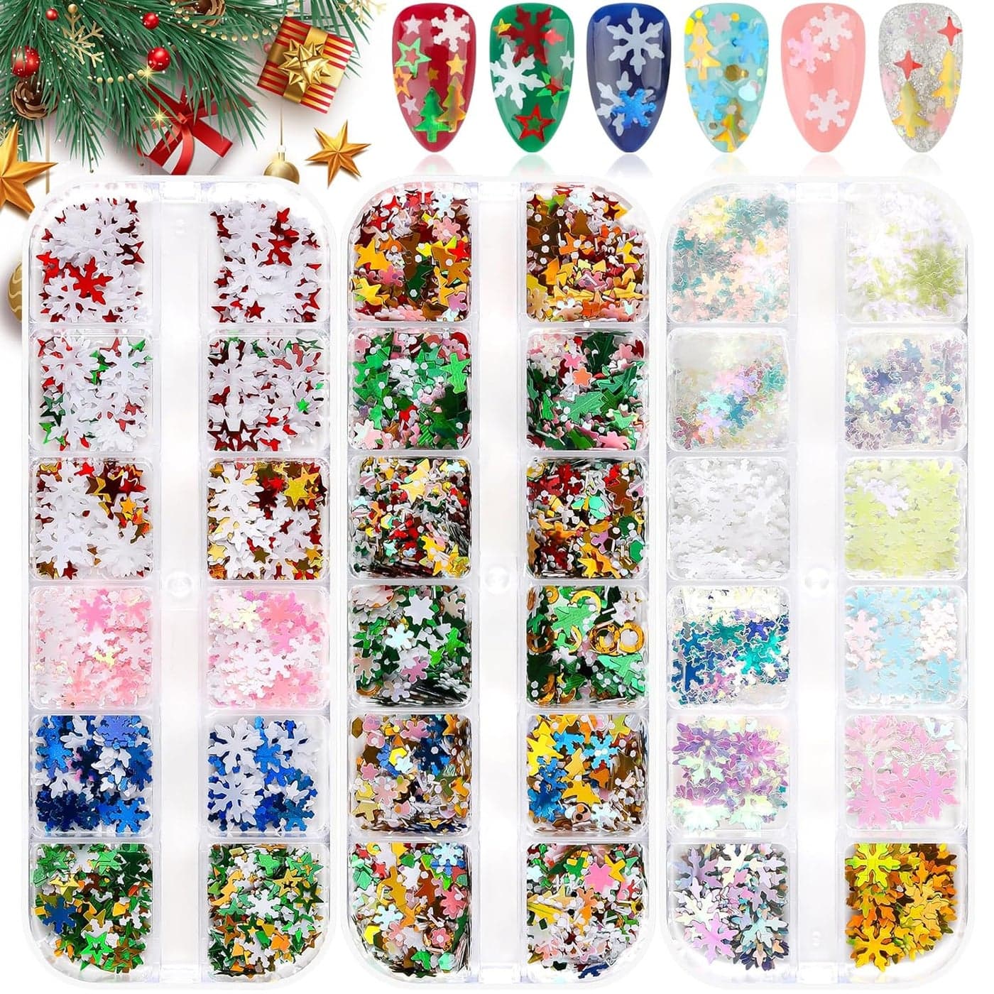 36 Grids Christmas Nail Glitter, EBANKU 3D Holographic Winter Sequins Snowflake Star Tree Laser Nail Glitter for Holiday Acrylic Nails Mixed Shape Xmas Nail Glitter Flakes Decoration