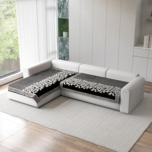 Nendle Superior Velvet Floral Sofa Mat 4 Seater Set Cover Durable Protector for Living Room Sofa Set 2+2, Suitable for L Shape, Sectional and U Shape Sofa (Color Black, Pack of 2)
