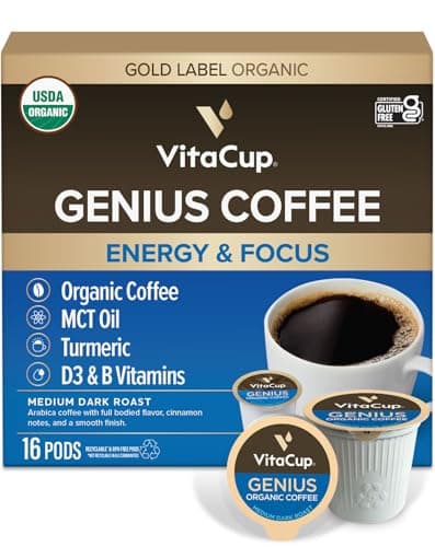 VitaCup Organic Genius Keto Coffee Pods Increase Energy Focus wMCT Oil Turmeric B Vitamins D3 Medium Dark Roast Bold Smooth Single Serve Pod Compatible wKeurig KCup Brewers 16 Ct