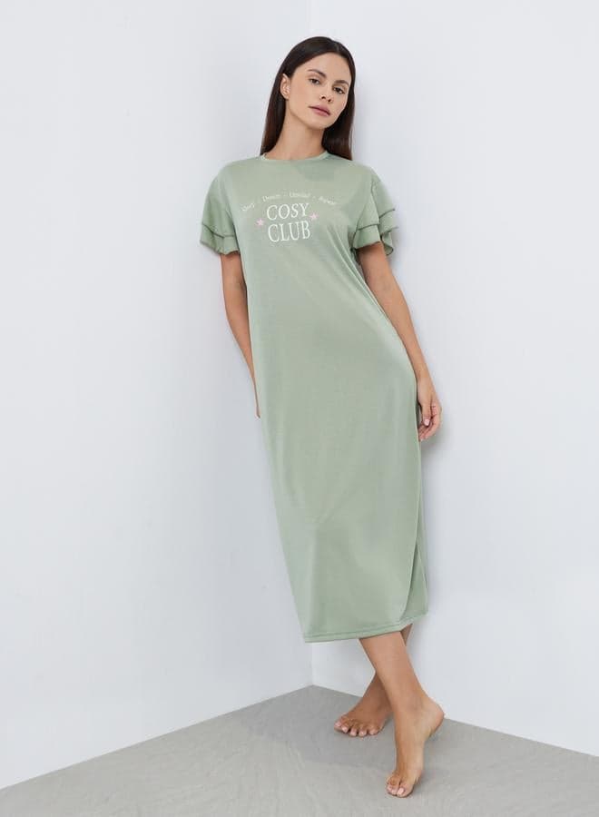Styli Cozy Club Print Ruffle Sleeve Sleep T-Shirt Dress