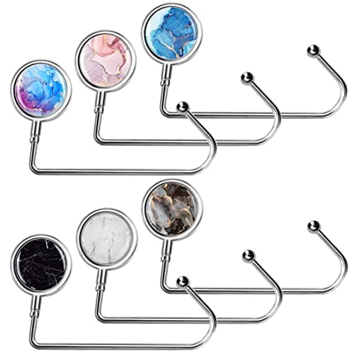 AUHOKY 6Pcs Portable Purse Hook Handbag Hanger for Table, Fashionable Long Handbag Bag Holder Under Counter, Christmas Stocking Holders Mantel Hooks for Women Girls Bags Storage(6 Marble Patterns)