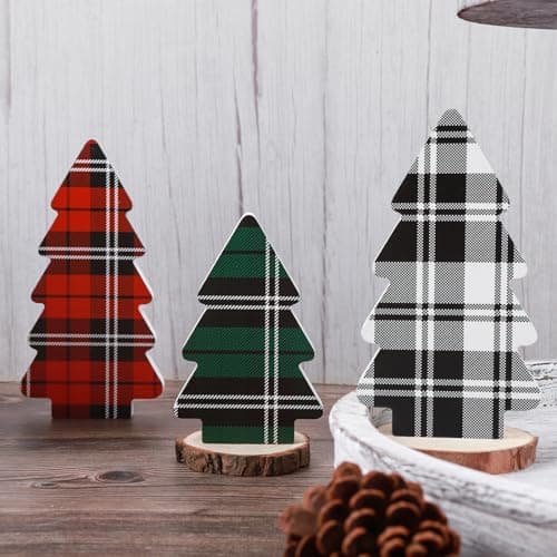 3 Pieces Wooden Christmas Tree Decor Buffalo Plaid Xmas Tiered Tray Ornaments for Christmas Home Tabletop Party Decor Classic