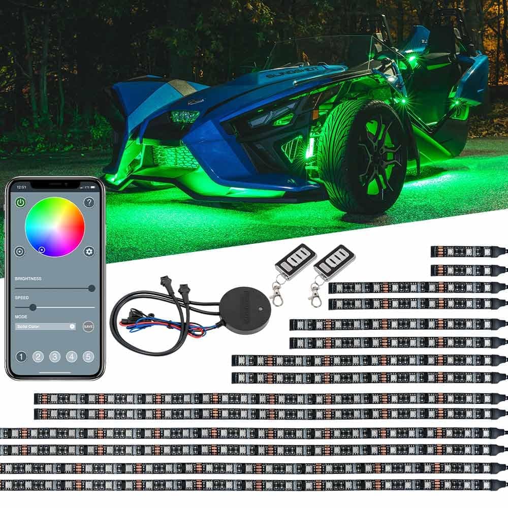 LEDGlow 20pc Bluetooth Advanced Million Color LED Neon Underlow Lighting Kit Fits Polaris Slingshot Motorcycle Smartphone App Automatic Brake Lights Waterproof Control Box Flexible Strips