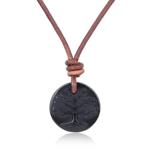 COAI Black Obsidian Pendant Tree of Life Necklace for Men Women, Genuine Leather Necklace for Men Women 20"
