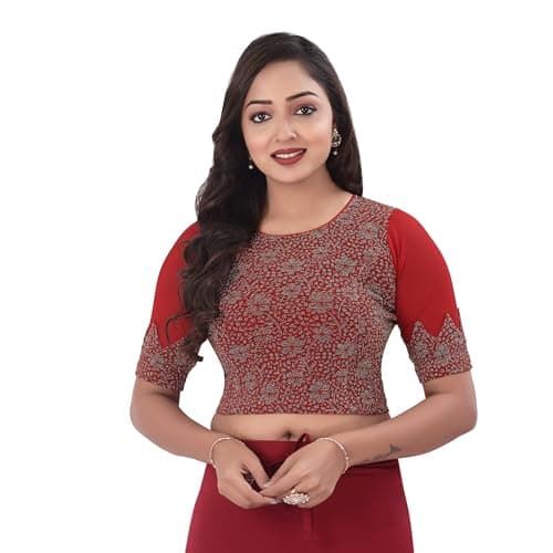 DESI GIRL - Round Neck Jacquard Regular Fit Saree Blouse for Women | Half Sleeve Readymade Stretchy Embroidered Design Festive Blouse Perfect for Saree, Lehenga, Kurti | Red - 36