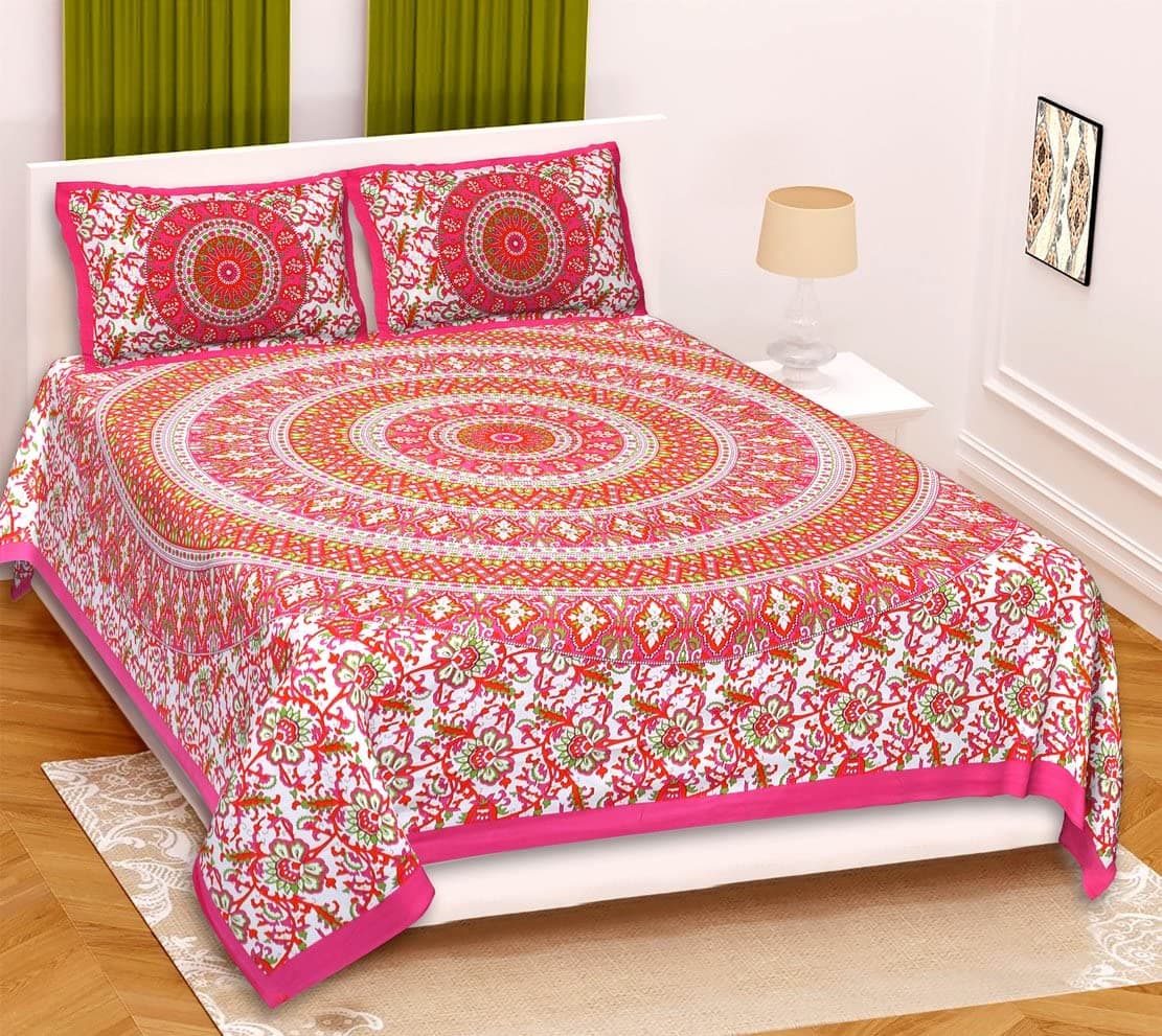 RajasthaniKart Comfort Rajasthani Jaipuri Traditional Sanganeri Print 144 TC 100 Cotton Double Bedsheet with 2 Pillow Covers Double Pink