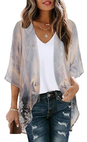 Women's Floral Print Puff Sleeve Kimono Cardigan Loose Cover Up Casual Blouse Tops (Grey Gold Floral,S)