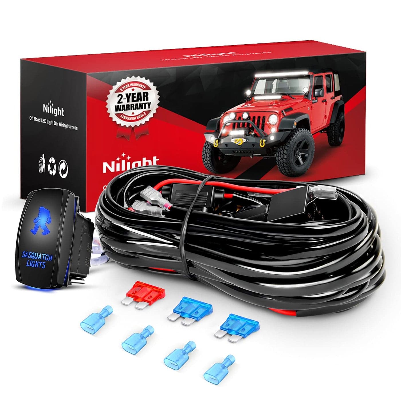 Nilight 10013W NI WA 07 LED Light Bar Wiring Harness Kit SASQUATCH LIGHTS 12V 5Pin Rocker Laser On off Waterproof Switch Power Relay Blade Fuse2 Lead2 Years Warranty