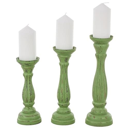 Deco 79 Wooden Decorative Candle Holder Distressed Turned Pillar Candle Stand, Set of 3 Candlestick Holder 15", 13", 11"H, Green