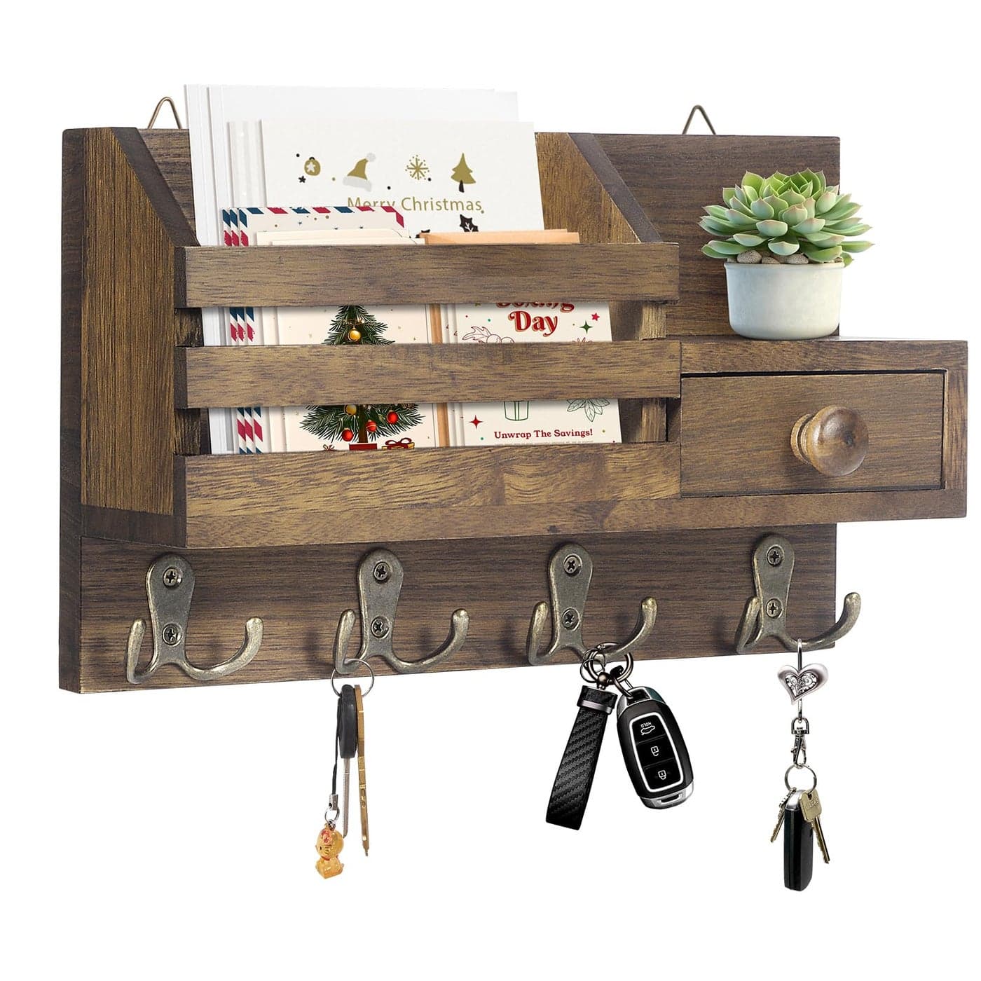 HOMEBROS Key Holder Wall Mount Wooden Adhesive Mail and Key Organizer with Drawer Small Shelf 8 Hooks 2 Installation Methods Brown