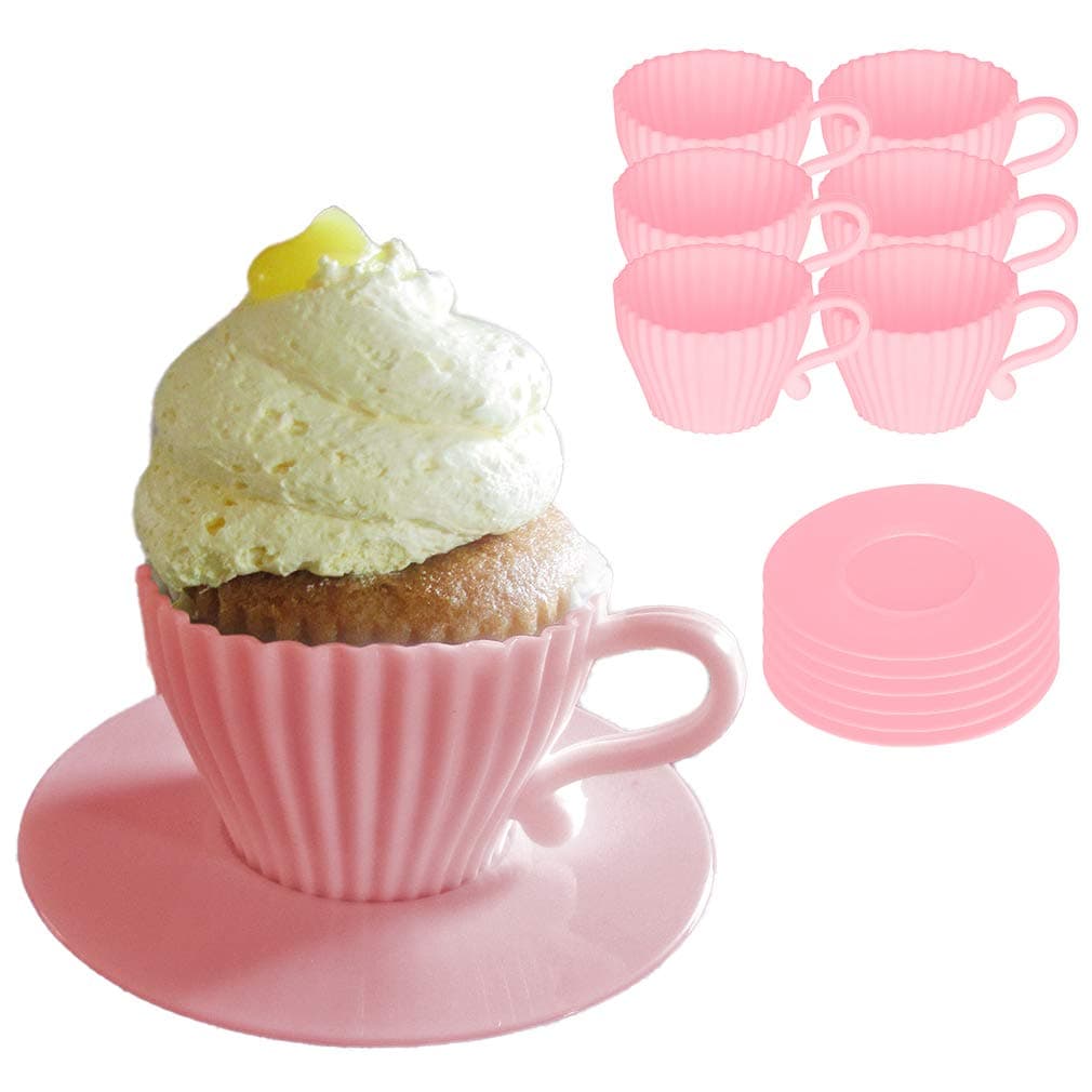 Evelots Baking Cupcake Molds Silicone Teacup Set 12 Pc Set OvenSafe Nonstick Muffin Cups for BridalBaby Shower BirthdayTea Party 6 Cups 6 Saucers BPA Free