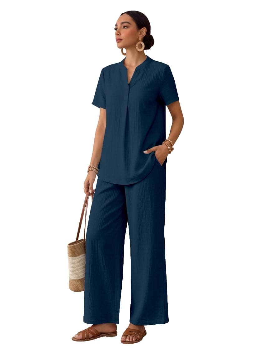 TOPLOT Women's Co-ord Set | Stylish Matching Top & Bottom Set | Notch Neckline with Button Detail | Loose-Fit, Short-Sleeve Top with a Relaxed Silhouette |Ideal for Casual (Pop-Coord-5250-Teal-L)