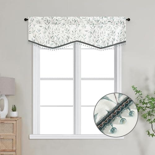 VOGOL Linen Textured Kitchen Curtains Valances, Country Style Leaf Print Scalloped Valance with Shining Beaded, Short Curtain Panels for Living Dining Room, 52 x 16 Inches, 1 Piece, Blue