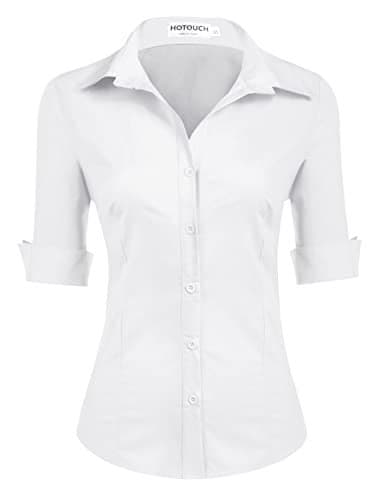 HOTOUCH Womens Short Sleeve Button Down Shirt Cotton Dress Shirts Office Work Tops (White S)