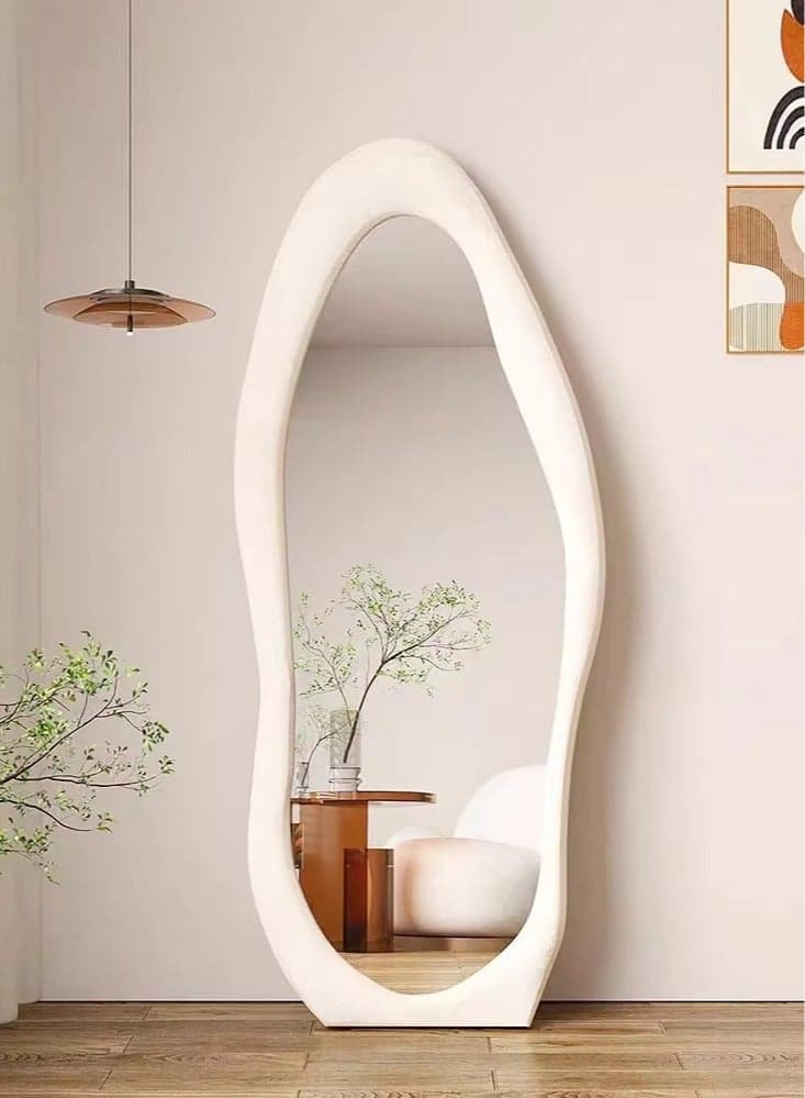 Full Length Mirror with Stand, Full Length Mirror Wall Mounted, Floor Mirror, Cloud Shape Standing Mirror, Flannel Wrapped Wooden Frame Mirror, Irregular Full Body Mirror