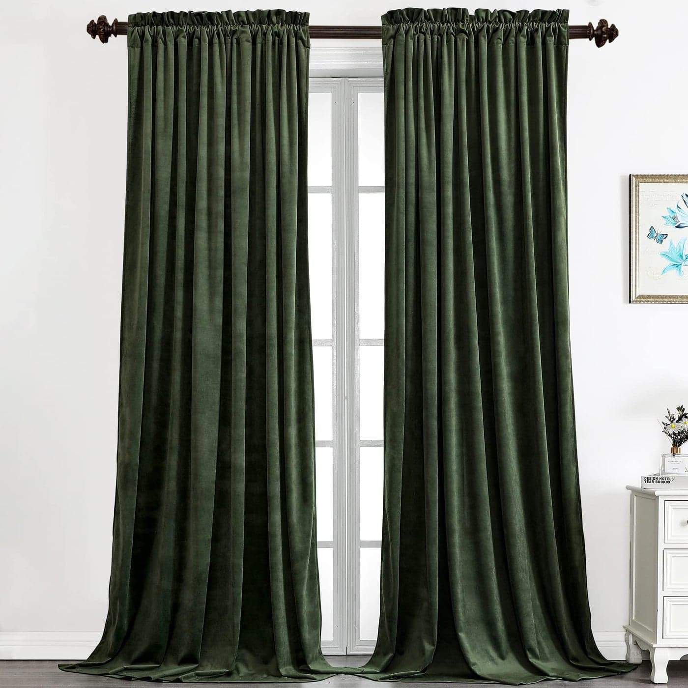 Benedeco Blackout Green Velvet Curtains for Bedroom Window Light Filtering Drapes for Living Room Darkening Soundproof Thermal Curtain Rod Pocket 52 x 96 inches Long Length Set of 2 Panels