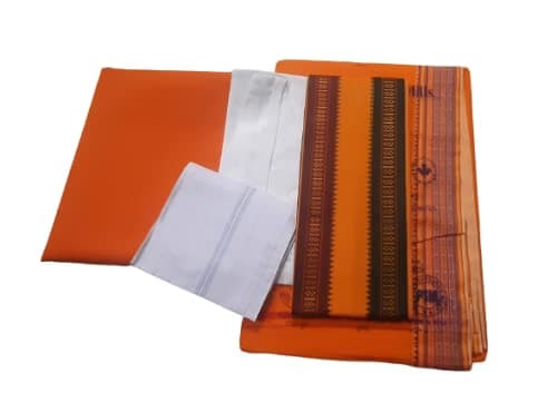 MAMRAJ Men's Cotton 5-Piece Pandit Casual Style Yellow Dhoti Kurta Set | Unstitched Kurta, Angocha, Vest, Hanky, Large