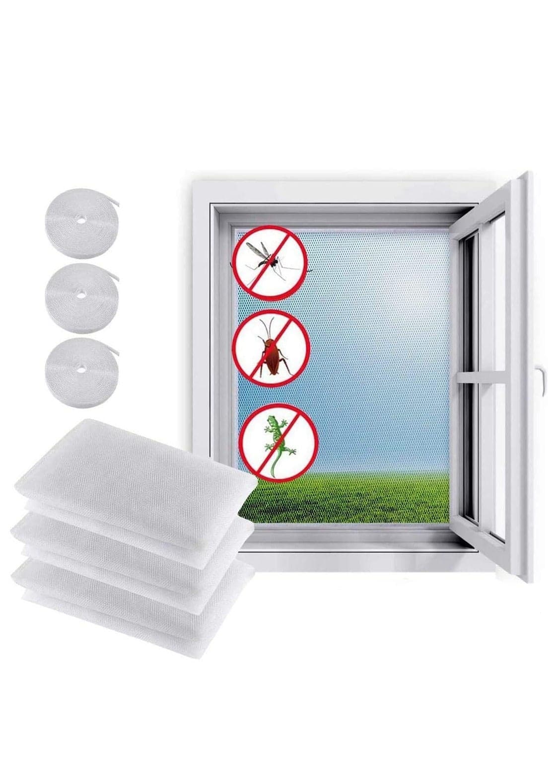 Window Screen Mosquito Netting,3 Pack Fly Screen Window DIY Self-Adhesive Insect Mesh Curtain Bug Bee Protector 51x59 Inches with 3 Rolls Hook Sticky Tape,Fitted to Multiple Windows