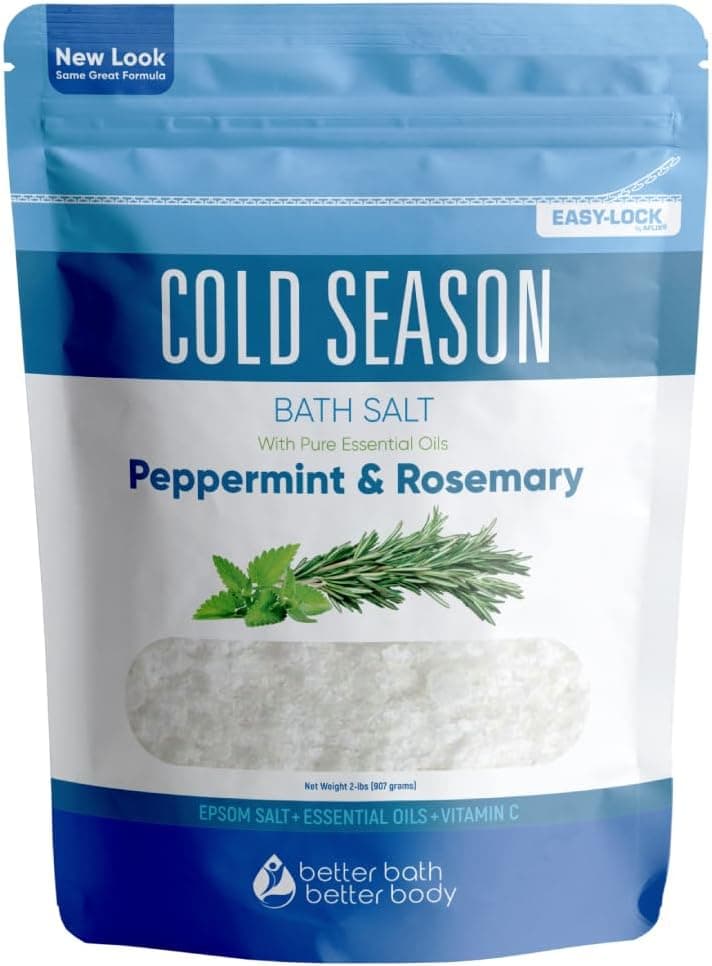 Cold Season Bath Salt 32 Ounces 2 Lbs USP Grade Epsom Salt with Natural Rosemary and Peppermint Pure Essential Oils Plus Vitamin C in BPA Free Pouch with Easy Press Lock Seal Made in USA