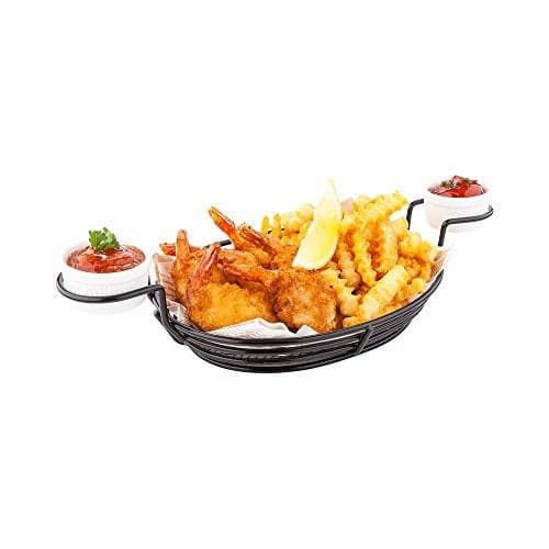 Restaurantware-13 x 6 x 2.2 Inch Restaurant Basket, 1 Oval French Fry Basket - With 2 Ramekin Holders, Reusable, Black Iron Serving Baskets, For Chicken Tenders, Hot Dogs, Wings, Or Onion Rings