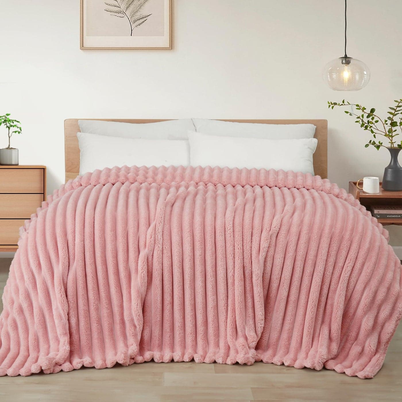 Exclusivo Mezcla Queen Size Flannel Fleece Blanket Super Soft Striped Jacquard Bed Blanket Lightweight Fuzzy Cozy for All Seasons 90x90 Inches Pink