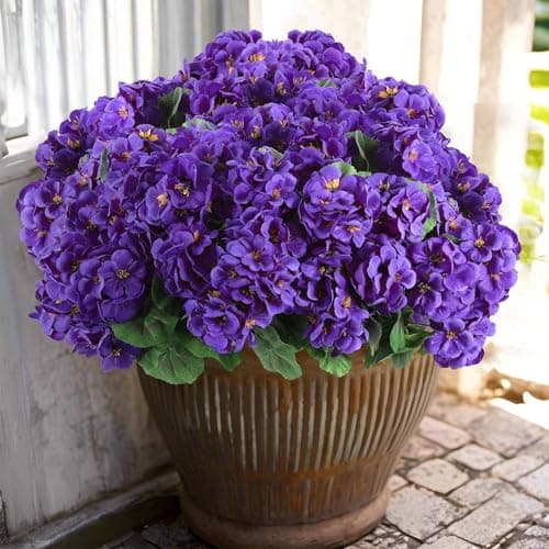 Hananona Artificial Geranium Flowers for Outdoors Geranium Silk Flowers Outdoor UV Resistant Garden Plants Faux Flowers for Home Kitchen Table Centerpieces Decor (12, Purple)