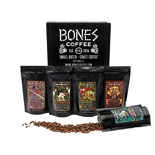 Bones Coffee Company NEW World Tour Sample Pack SingleOrigin Flavored Coffee Low Acid Medium Roast Arabica Beans Specialty Coffee Gifts Compatible Auto Drip and French Press 4 oz Pack of 5 Ground