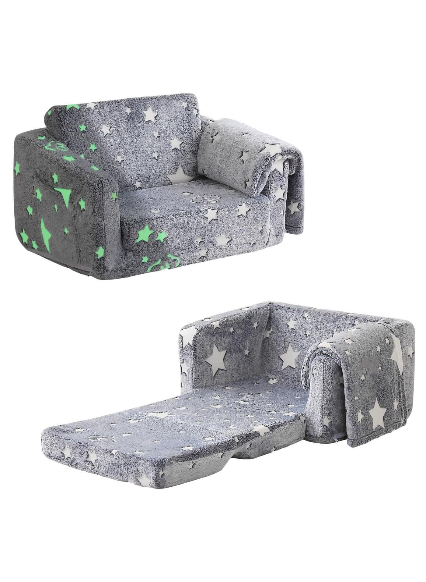 Glow in The Dark Extra Soft Open Couch 2-in-1 Toddler Soft Couch Fold Out Glow in Dark Convertible Plush Foam Chair Star Glow in The Dark Toddler Couch for Playroom Bedroom