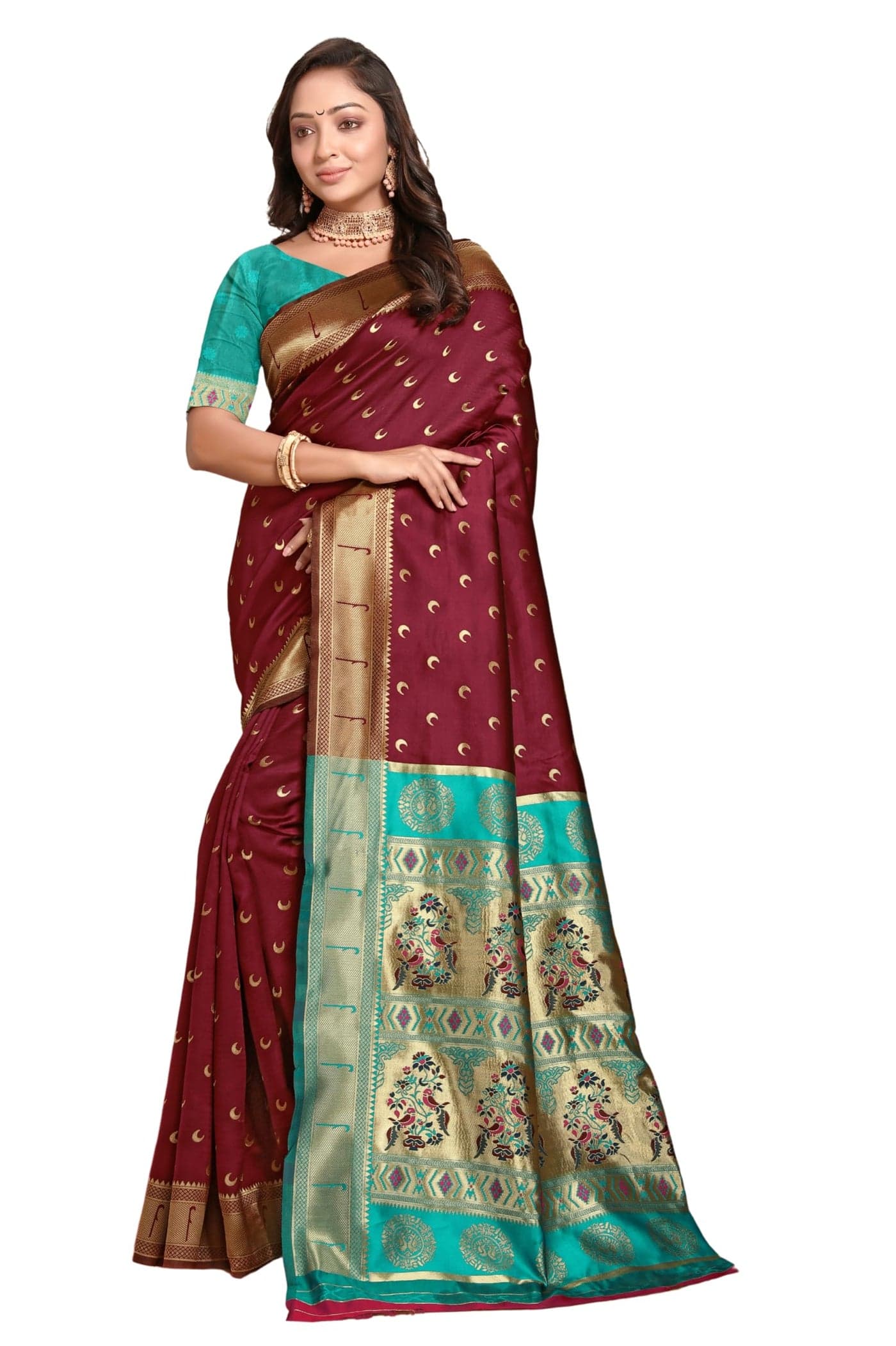 C J Enterprise Women's Banarasi Saree Pure Kanjivaram Silk Saree Soft Design Wear Pattu Sarees Latest Cotton With Blouse Piece for Wedding sadi new ladies 2025 (Chand paithani) (Maroon-Rama)