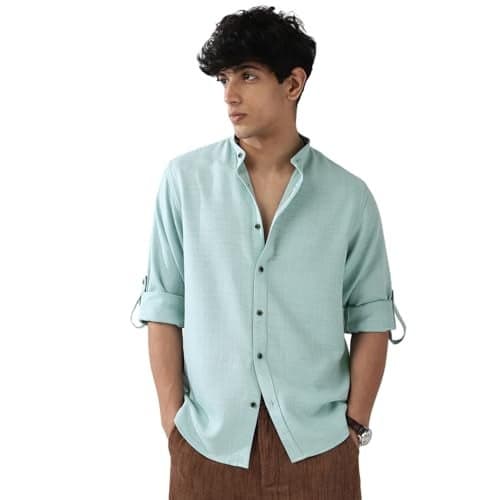 Urbano Fashion Men's Light Blue Linen Blend Full Sleeve Relaxed Fit Mandarin Collar Casual Solid Shirt (shirtlinmdfl-01-lblue-s)