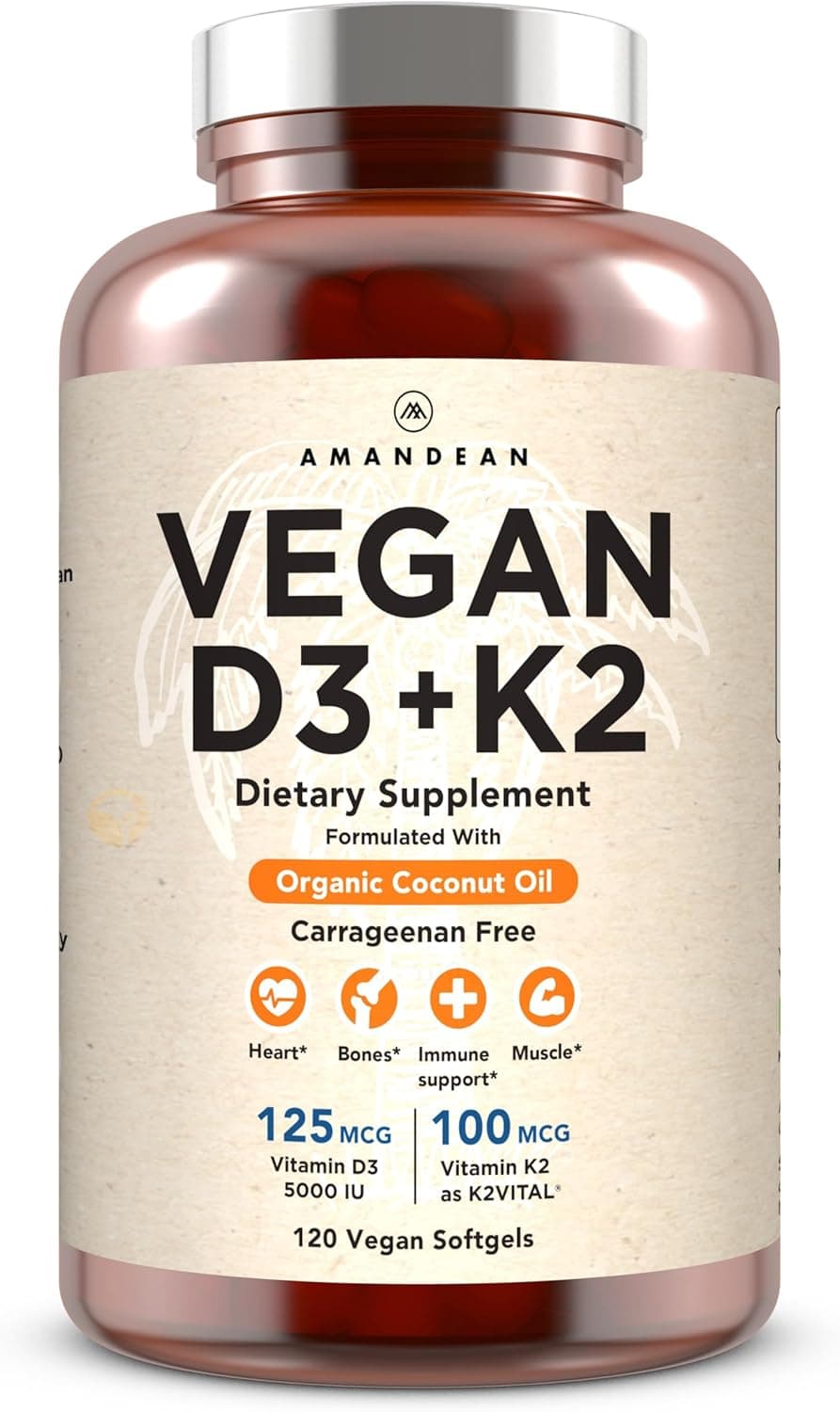 AMANDEAN Vegan Vitamin D3 K2 5000 iu from Algae AllTrans MK7 120 Softgels PlantBased Carrageenan Free Organic Coconut Oil Blend for Mood Bones Heart Immune Health Packaging May Vary