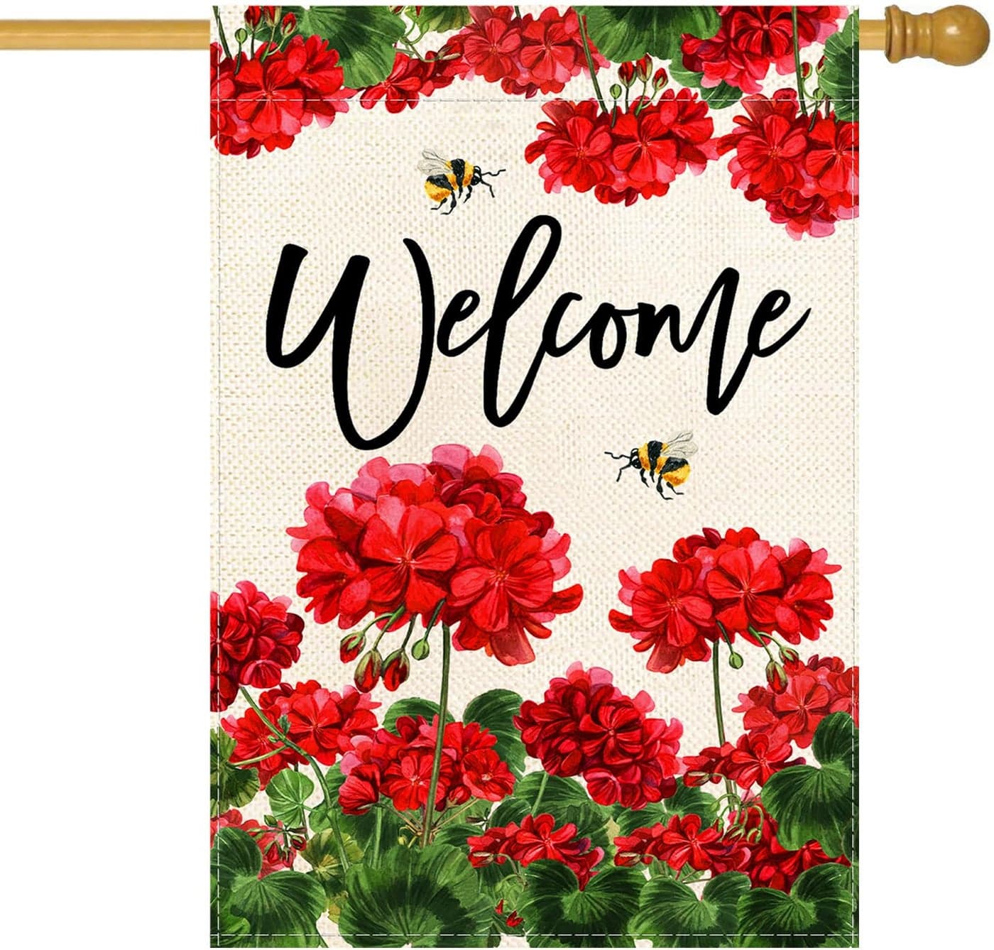 Baccessor Spring Summer Geranium Welcome House Flag Double Sided Summer Bee Red Floral Burlap Yard Flag House Seasonal Farmhouse Outside Outdoor Decoration 28 x 40 Inch(large)