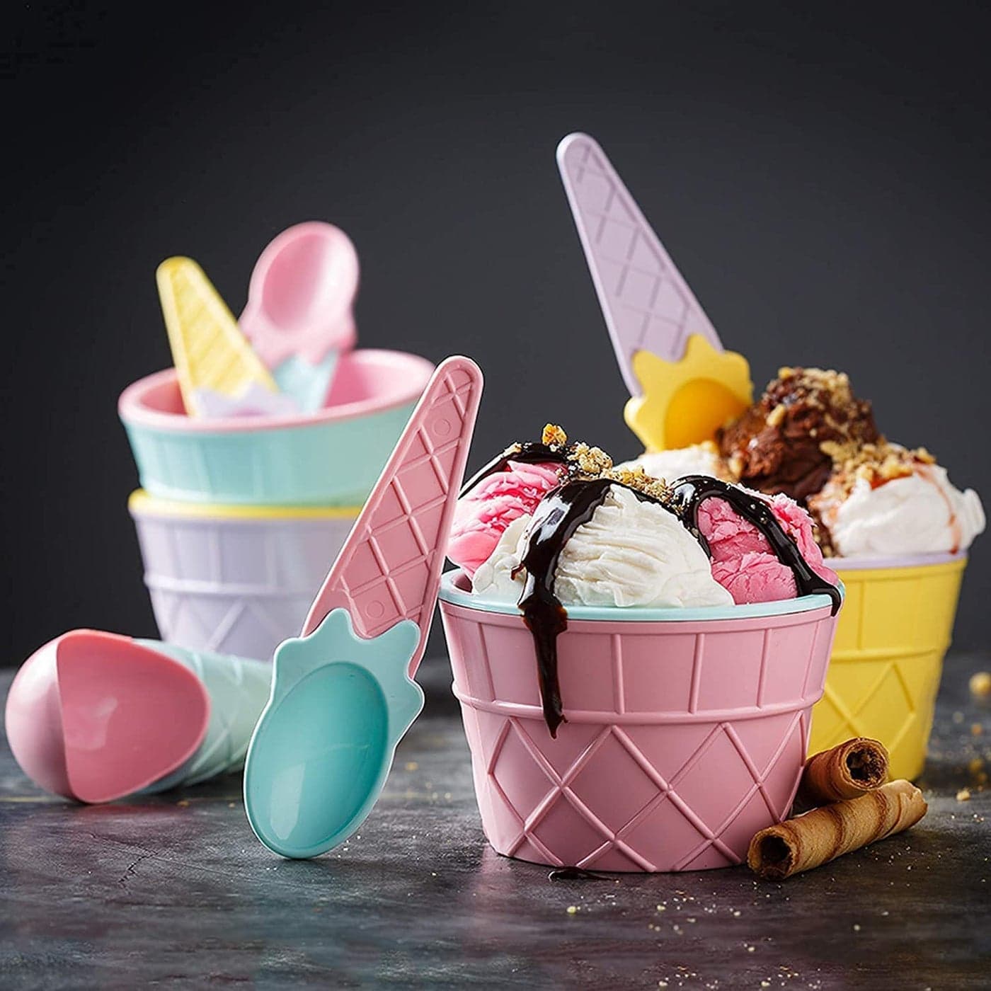 Istore Ice Cream Bowl Spoon Waffle Cup Set Set Of 6 BPA Free Plastic