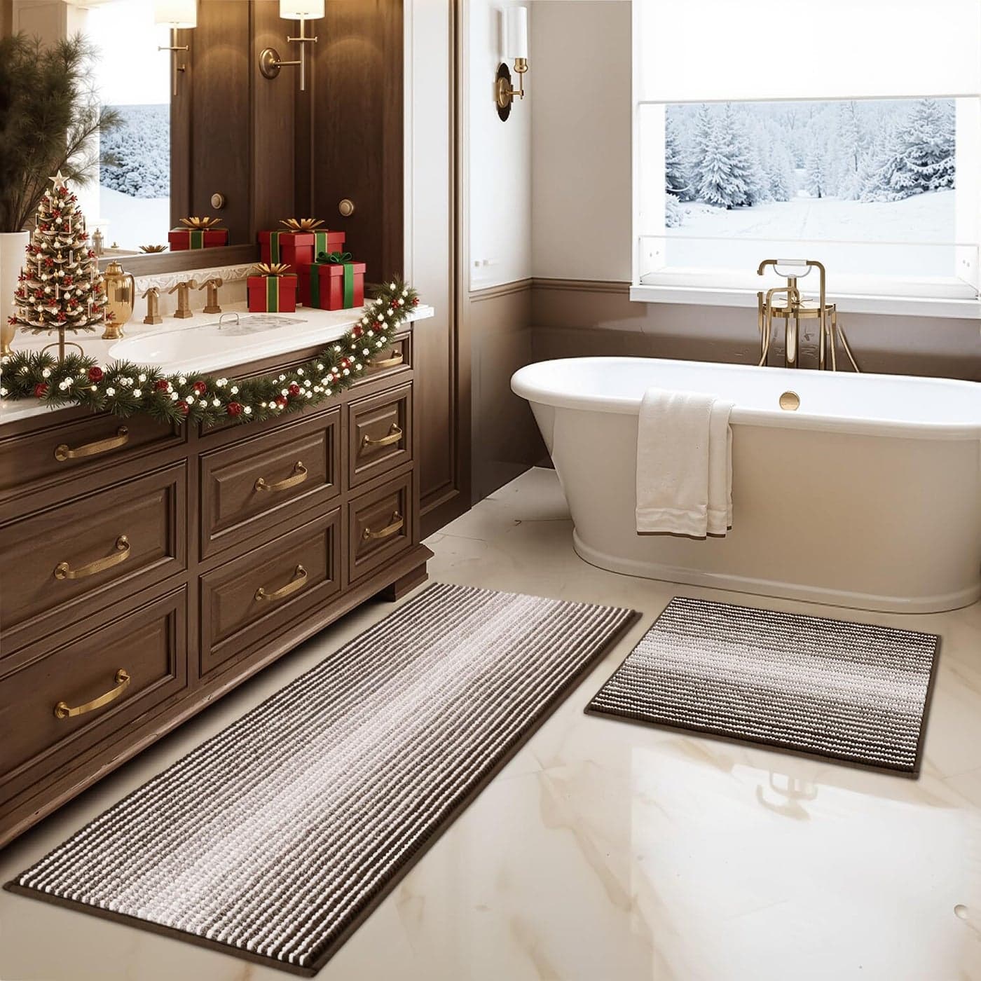 BSICPRO Bathroom Rugs and Mats Sets 2 Piece Thick Absorbent Chenille Bath Mat Rug Set Non Slip Soft Shaggy Bath Room Floor Mats for Bathroom Machine Washable Brown 20 x 47 Plus 16 x 24
