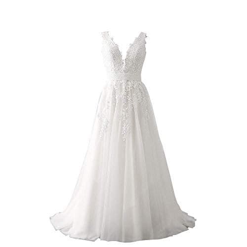 Abaowedding Women's Wedding Dress for Bride Lace Applique Evening Dress V Neck Straps Ball Gowns White US 18 Plus