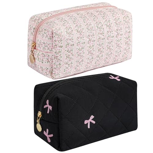 JOVAKIT Square Makeup Bag Cute Cosmetic Bag for Women Floral Coquette Aesthetic Toiletry Bag Zipper Make Up Pouch Travel Make Up Organizer Bag Pink FloralBlack