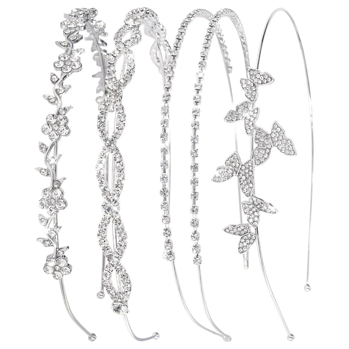 Wecoe 4 Pack Silver Rhinestone Headband Flower Girl Bridal Wedding Headband Crystal Headpiece Flower Leaf Butterfly Metal Headband Little Girls Kids Crown Tiara Hair Accessories For Women Girls Gifts