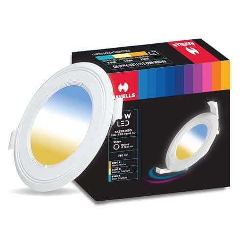 Havells Fazer Neo 3-in-1 15W Round LED Downlight. Flush Mount Ceiling Light with switchable CCT (3000K/4000K/6500K). Long Life, Wide Voltage Support. for Office & Home. (White)