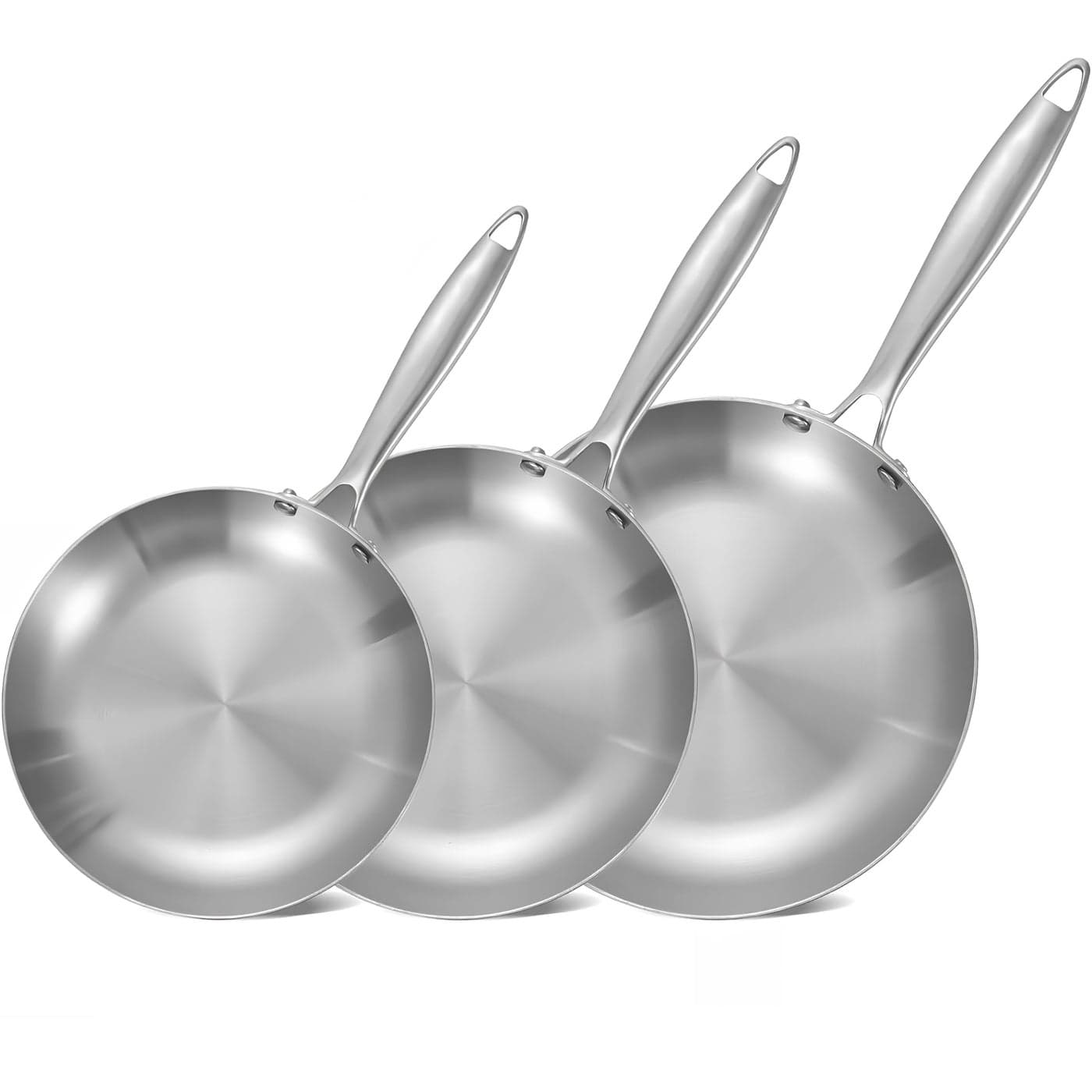LOLYKITCH 851012 Inch Triply Stainless Steel Frying Pans Set of 3SkilletsInduction Cookware SetOven and Dishwasher SafeRiveted Handle